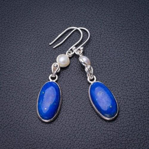 StarGems Natural Lapis Lazuli And River Pearl Handmade 925 Sterling Silver Earrings 2" D7800