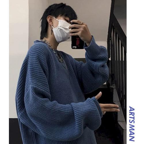 Lazy Couple Male Harajuku Retro Trend Thick Line Sweater Solid Color Loose Oversize Top Autumn Winter Oversized Sweater