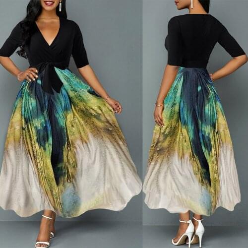 2021 Summer Womens Long Skirt Fashion Trend Sexy Casual Slim Printed Five Point Sleeve V Neck Dress Black with Belt