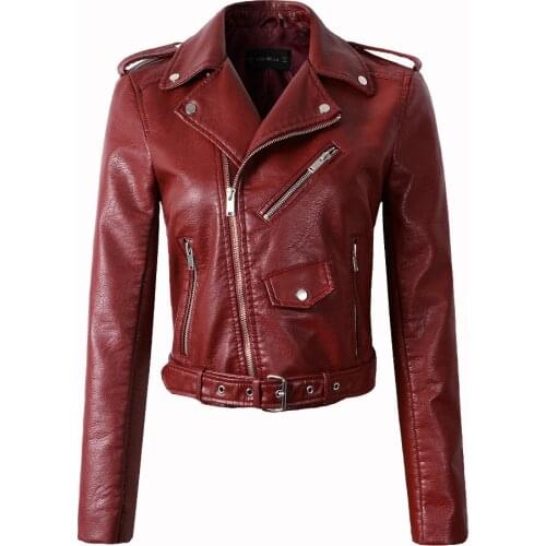 2021 Lady Pu Zipper Pocket Motorcycle Outerwear Coat Belt New Fashion Women Autunm Winter Black Blue Fake Faux Leather Jackets