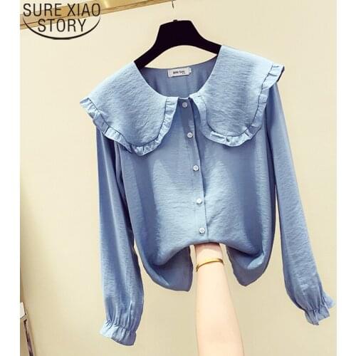 Women Cotton Linen Shirt Autumn Clothing Korean Long Sleeve Shirt Peter Pan Collar Blosue 2021 Casual Shirts Ladies Tops 11356