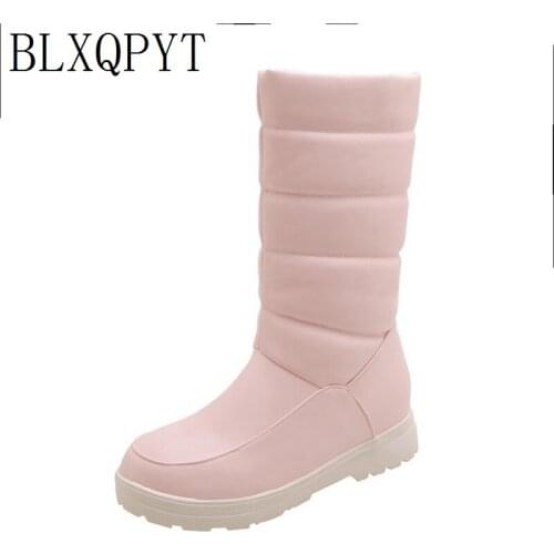 BLXQPYT Big 33-50 Winter Warm Plush Knee High Snow Boots Women comfy Flat Heel Slip On Platform Shoes Woman Black Pink White 238