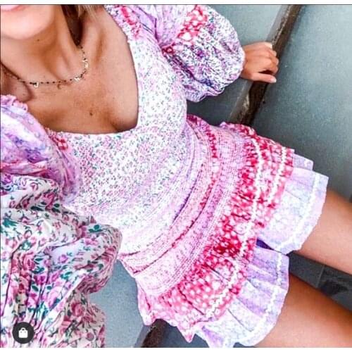 Floral print ruffle dress for women vintage Summer dress puff sleeve ruched ladies dress sexy boho party