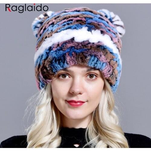 Winter hats for womens knitted rex rabbit girls natural fur warm cap fashionable fluffy beaniewith ears adult children snow hat