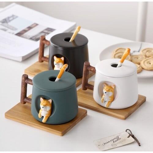400ML Korean Creative Simple puppy Mug Cartoon Cute Spoon with Lid Personality Couple Water Cup Home Breakfast Cup