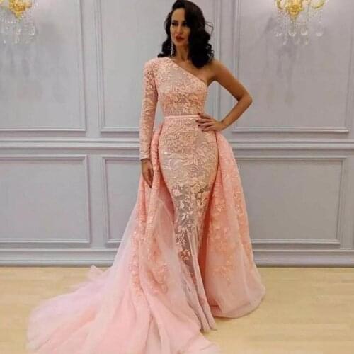 African Blush Pink Overskirts Prom Gowns Long 2018 One Shoulder Mermaid Evening Gowns Lace And Tulle Celebrity Party Dresses