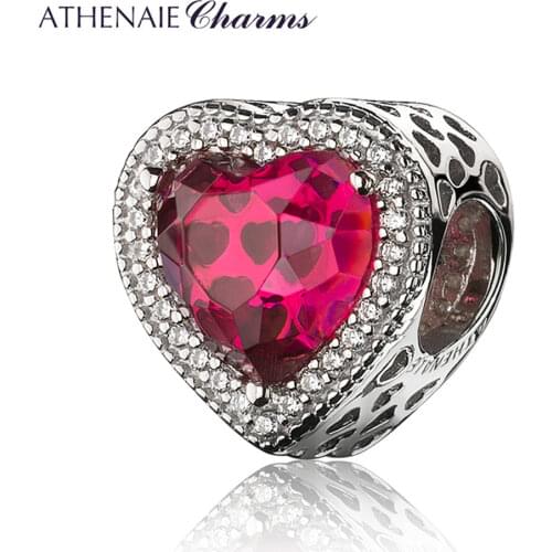 ATHENAIE 4 Colors 925 Sterling Silver with Pave CZ & Rose Red Heart Shaped Openwork Charm Beads Color Blue