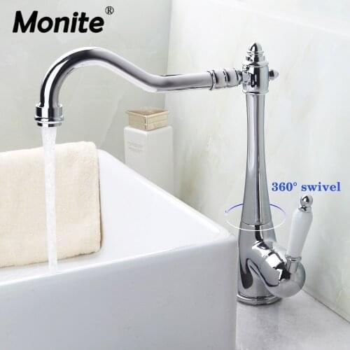Monite Chrome Polish Swivel Kitchen Sink Mixer Tap Faucet Solid Brass Ceramic Handle Water Tap Faucet Counter Top Deck Mount Tap
