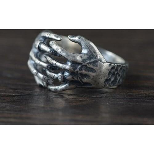 Antique 925 Sterling Silver Mens Gothic Skull Skeleton Hand VINTAGE ring rings A4301