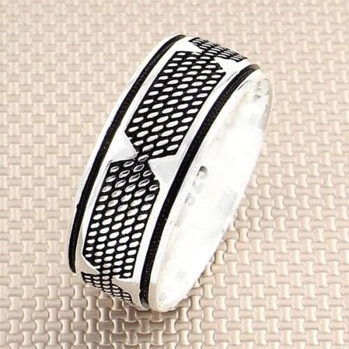 Men Silver Bands Ring With Geometric Motif Wedding Ring Engagement Silver Spinner Ring Made in Turkey Solid 925 Sterling Silver