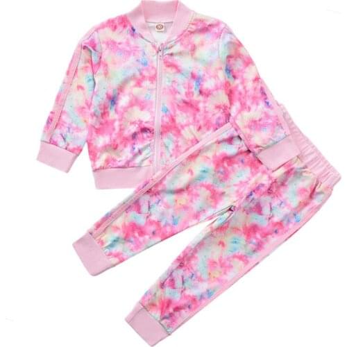 2021 New Tie Dye Child Girls Clothes Sets Pink Kids Zipper Tops Coat Long Pants Childrens Sweat Outfits 2-7Y