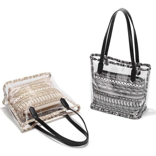 2021 New Womens Retro Trendy Tote Bag PVC Transparent Canvas Shopping Bag Large Capacity Printing Design Mobile Phone Bag