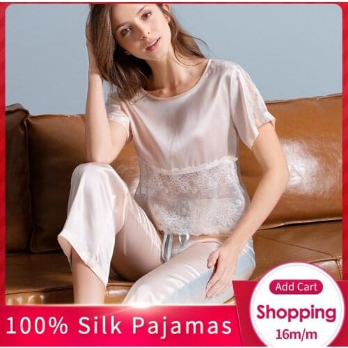 Girls 100% Real Silk Pajamas Set Dormir Solid Nightgown Pyjama Femme Short Sleeve Bedgown Silk Women 16 m/m Silk Sleepwear Suits