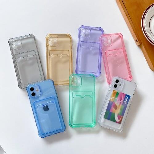 Candy Color Clear Soft TPU Phone Case for iPhone 12 Mini 11 Pro XS Max XR 7 8 Plus SE 2020 Card Slots Shockproof Back Cover