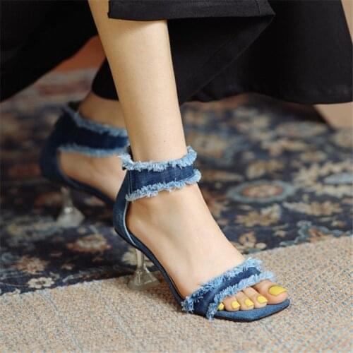 PXELENA 2021 NEW Fashion Women Denim Sandals Crystal Strange High Heels Party Nightclub Catwalk Show Jean Shoes Plus Size 34-43