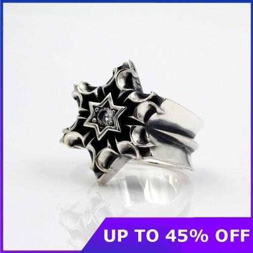 Retro S925 Sterling Silver Vintage Thai Silver Ring for Men Hexagram Star Pattern Punk Rock Style Exaggerated Big Ring Jewelry