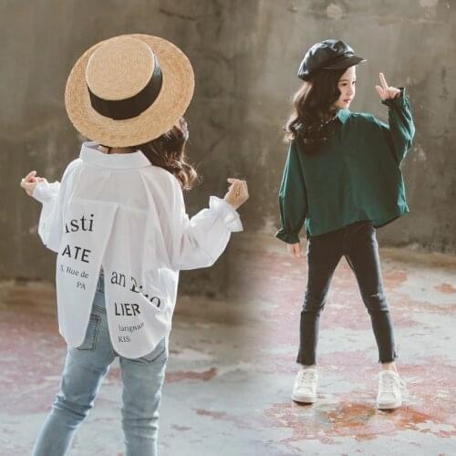 Girls Shirt Spring Autumn Korean Tops Tide Clothes Childrens White Letter Shirt Irregular Loose Blouse Long Sleeve girls clothes