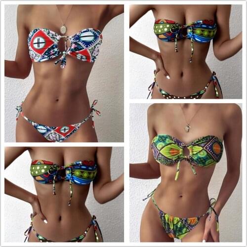 Sexy Hollow Out Bandeau Push Up Bikini Set Printed Brazilian Swimwear Tied String Bathing Suits Female Biquini Beachwear Bathers