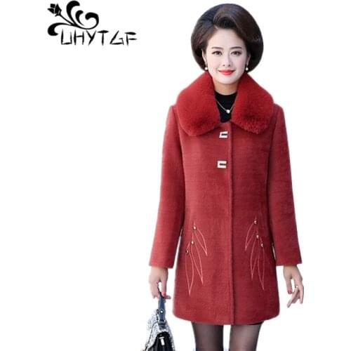 UHYTGF Woolen jacket women coat fashion winter warm jacket women woolen coat jacket winter women Water velvet coat Plus size 692