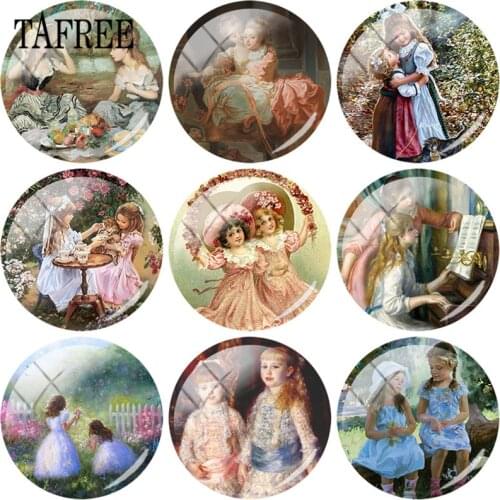 TAFREE Vintage Two Sisters Art Painting 25mm Round Glass Cabochon Dome DIY Cameo Pendant Settings Jewelry Findings 5pcs/lot