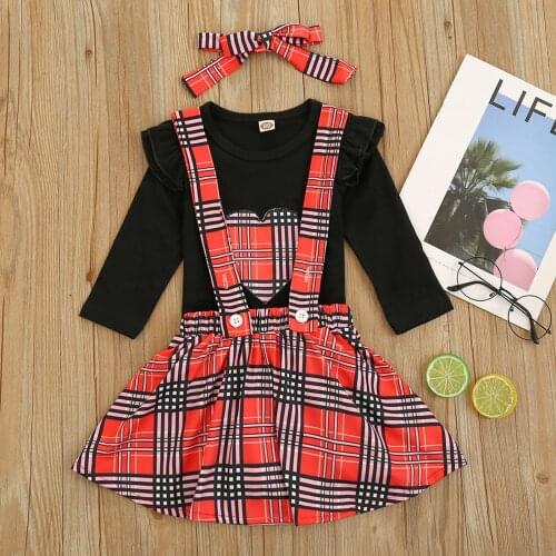 TELOTUNY Toddler Baby Girls Clothes Valentines Day Hearts Black Tops+Plaid Suspender Skirts Outfits Clothing For 6M-4Y