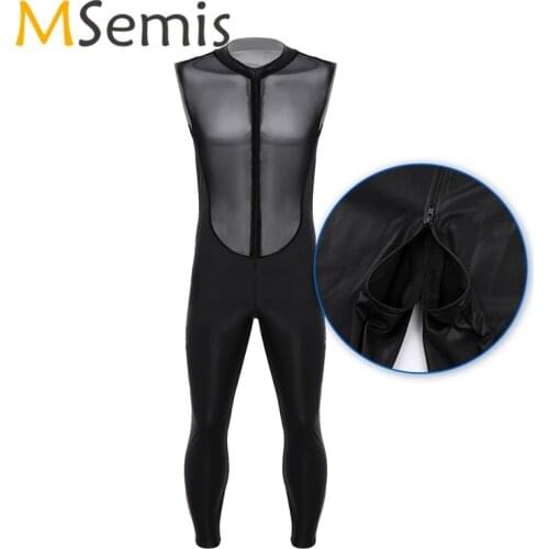 Mens Leotard Dance Bodysuit Wetlook Leather Sleeveless Sheer Mesh Splice Bodice Double Zipper Male Gymnastics Leotard Bodysuit