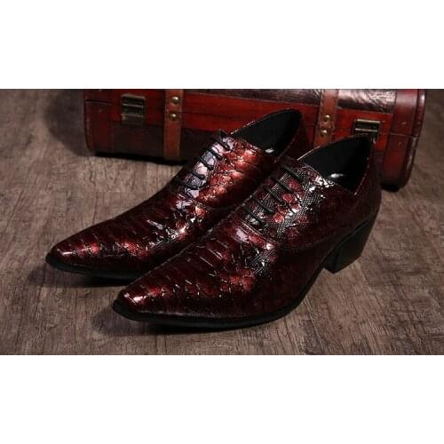 Mens Shoes High Heels Genuine Leather Oxford Lace Up Pointed Toe Snake Skin Prints Shoes For Wedding Office Dress Formal Shoes