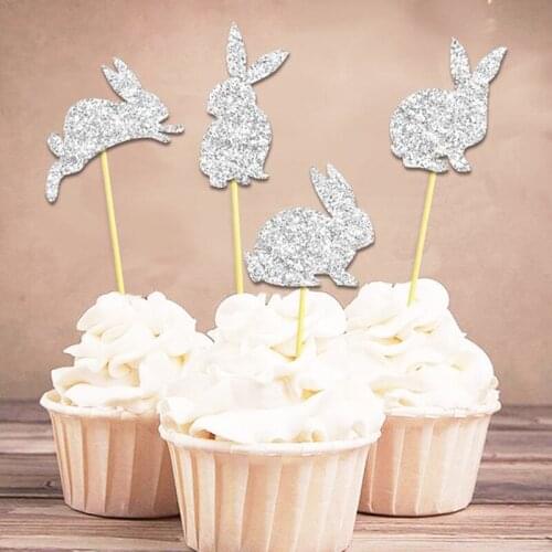 4Pcs Easter Cute Glitter Rabbit Bunny Cake Picks Cupcake Cake Toppers Baby Girl Kids 1st Birthday Party Baby Shower Decorations