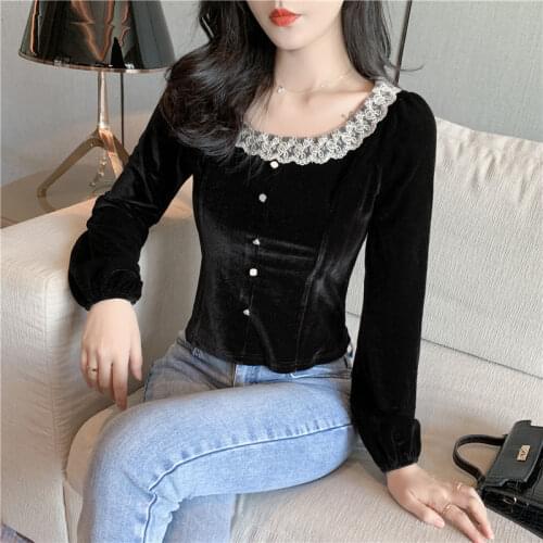 Vintage Velvet Blouse Women Autumn Long Sleeve Bottoming Shirt Elegant O-neck Slim Fit Pullover Tops Ropa Mujer Camisetas X477