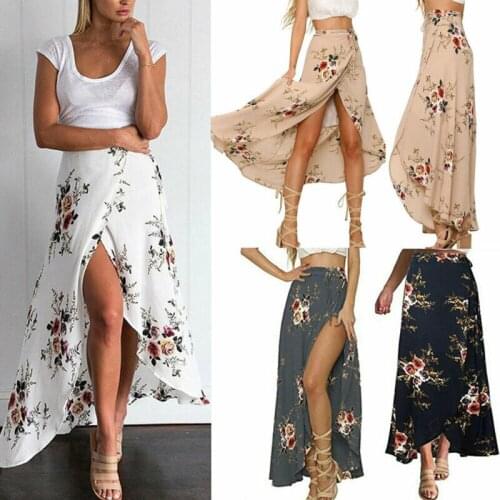 Boho Gypsy Women Floral Long Maxi Skirt Casual Summer Split Beach Wrap Sun female Button split streetwear tassel sexy skirts