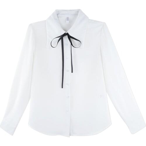 Neatie kiddie Office Ladies 2019 Spring Bow Tie White Blouse Shirt Tops Women Clothes 2019 Turn-down Collar Chiffon Blusas