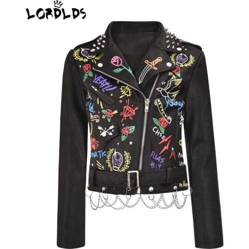 LORDLDS Women Leather Jackets Black Printed Crop Moto Biker Full Sleeve Zip up Streetwear Ladies Coat and Jackets with Chains