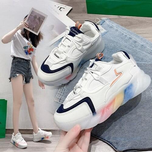 Rainbow Dad Shoes Womens 2021 Summer New Student Platform Sneakers round Toe Muffin Bottom Mesh Surface White Shoes Women