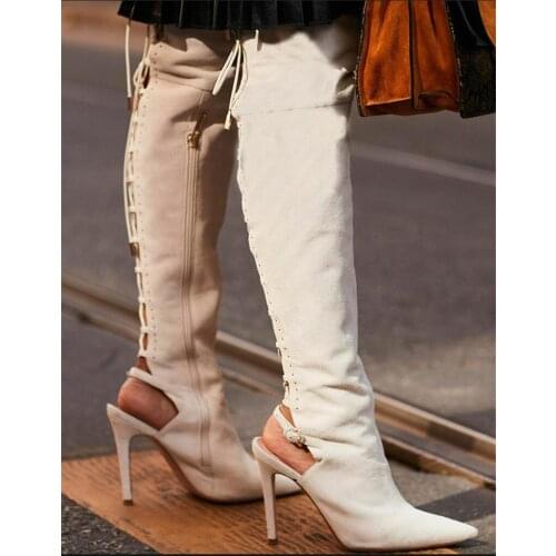 Beige Black Back Buckle Design Over The Knee Boots Slingback High Heel Shoes Woman Catwalk Over The Knee Thigh High Heeled Boots