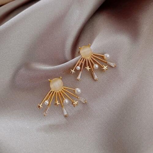 Simulated Pearl Temperament Earrings for Women 2020 Gold Color Metal Shiny Crystal Geometric Small Drop Earrings Korean Jewelry
