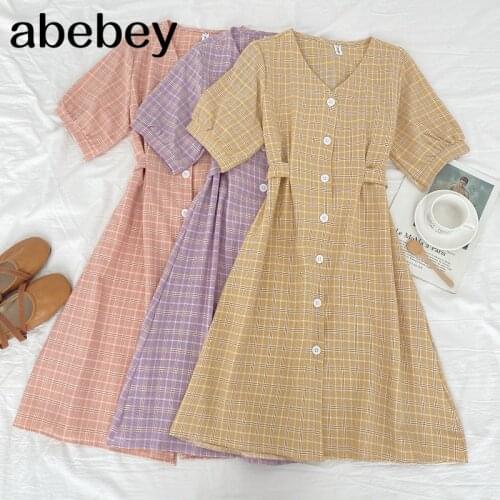 2021 New Summer Women Fashion All-match V-neck Plaid Dress single breasted waist strap Puff sleeve medium length Dress