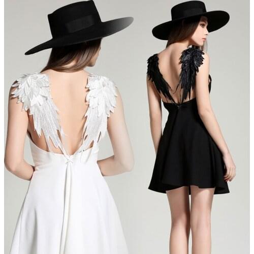 Fashion women personality sexy v-neck solid color spaghetti strap backless lace wing hollow out cutout dress club party dress