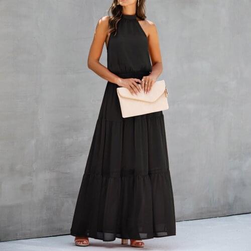 Fashion Women Halter Sexy Solid Colors Sleeveless Backless Casual Loose Beach Evening Party Long Maxi Dress Sundress Vestidos#35