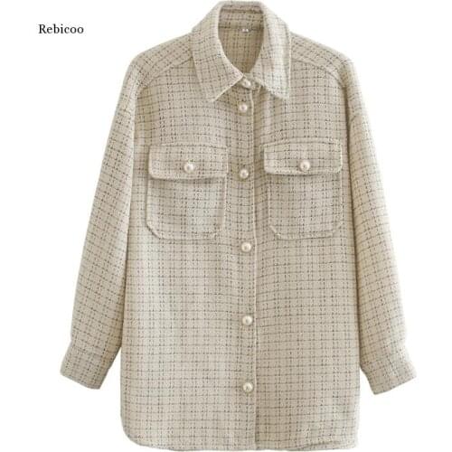 Women Plaid Pattern Thick Coats Jacket Pearl Buttons Long sleeves pocket 2020 Ladies Elegant Autumn Winter coat