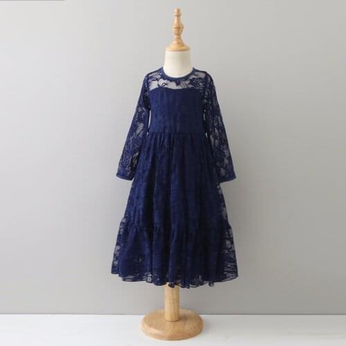 2017 Fall Girls Long Lace Dresses Princess Kids Fashion Boutique Dress White Blue Khaki 5 pcs/lot Wholesale New Year Wedding