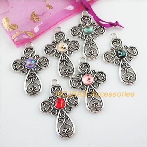 6 New Flower Cross Charms Tibetan Silver Tone Retro Mixed Resin Pendants 31x48mm
