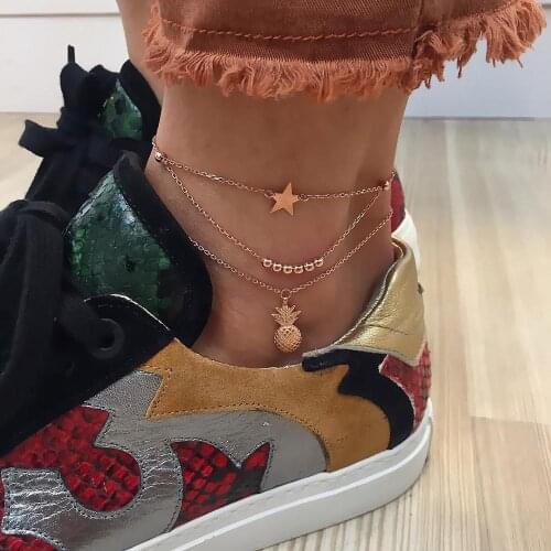 ALYXUY 3 Pcs/Set Boho Multilayer Star Pineapple Beads Chain Pendant Anklet Women Creative Chain Anklet Set Fashion Jewelry Gift