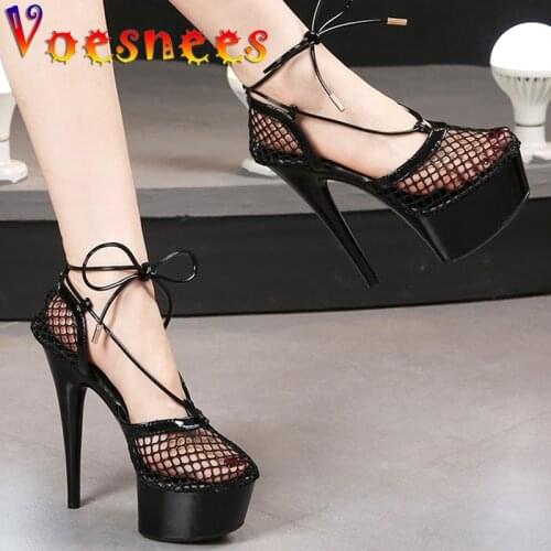 Hollow Mesh Sandals Lace-Up Women Shoes15CM Thin High Heel Female Sandals Sexy Waterproof Platform Steel Pipe Model Show Shoes