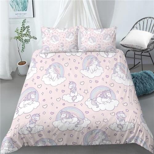 3D Cartoon Q Edition Unicorn Printed 2/3 Piece Down Covered Pillowcase Bedding Set Childrens Bedroom Decoration EU/US /AU Size