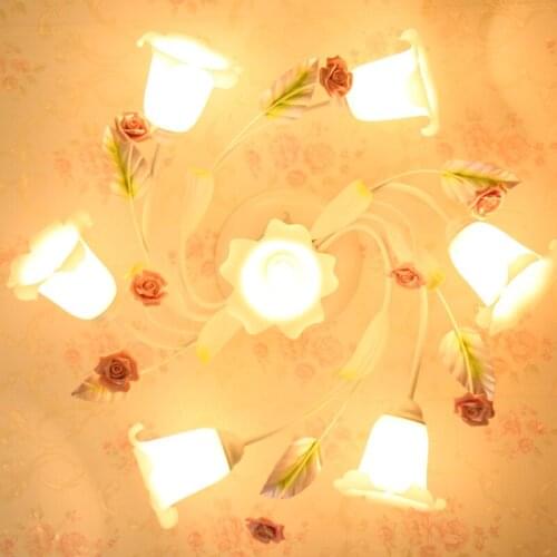 European Garden American Iron Flower style living room ceiling lamp pink flower romantic wedding room