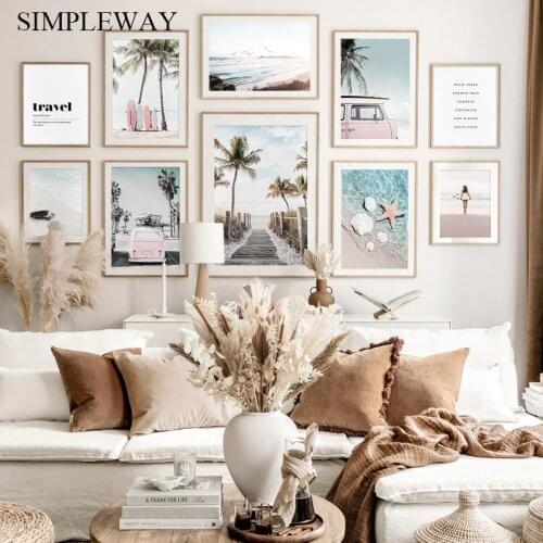 Sunny Beach Vehicle Surfboard Landscape Canvas Painting Palm Seaside Poster Art Print Decorative Wall Picture Home Decoration