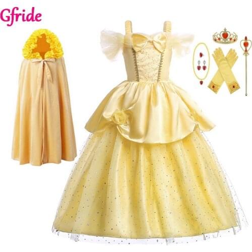 Girl Belle Costume For Girls Princess Dress Up Cosplay Costume Kids Fancy Party Dresses Grown Wands Long Cape Halloween Clothes