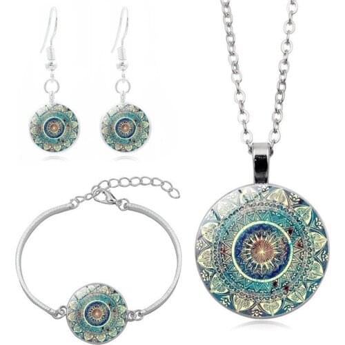 4pcs Mandala time gem creative Metal Necklace Bracelet Earrings Jewelry Set