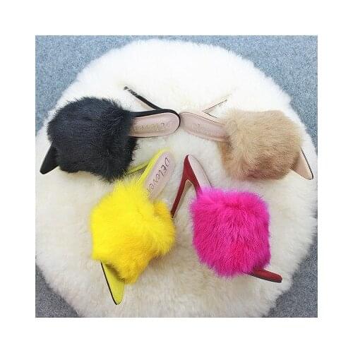New Europe and America hot sale sandals candy color rabbit hair high heels fur slippers large size female