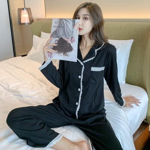 New Ins Net Red Pajamas Womens Spring Long Sleeve Trousers Western Style Age Reducing Cardigan Lapel Home Suit